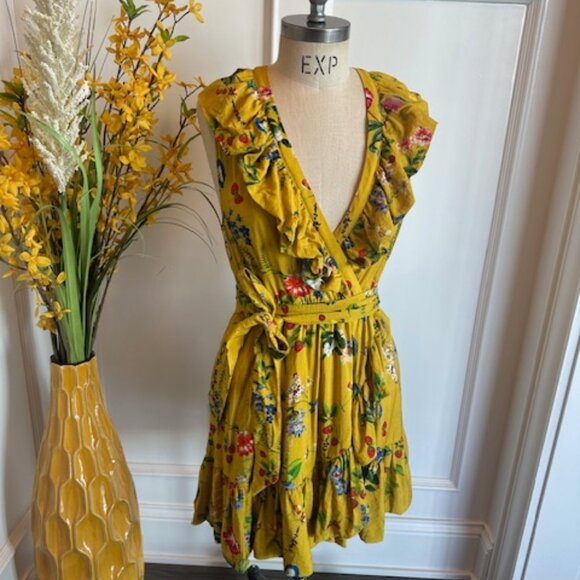 Anthropologie Maeve Floral Faux Wrap strawberry Gold Mustard Yellow Dress - Picture 4 of 16